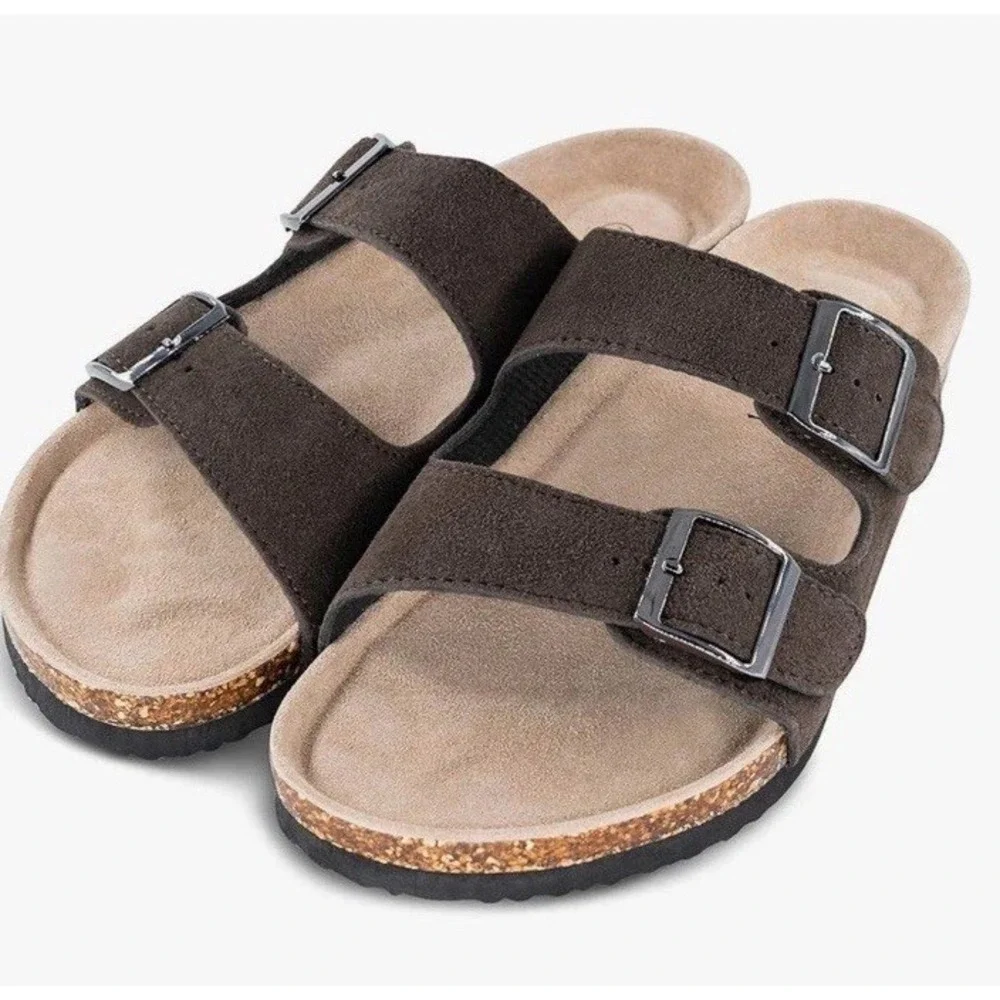 TF STAR Cow Suede Leather Slide Sandals 2-Strap Adjustable Buckle Casual Men's 9